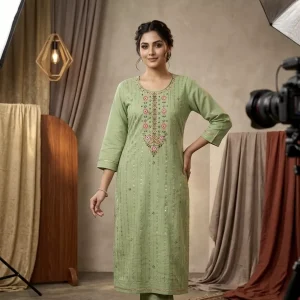 Women's Light Olive Green Muslin Silk Kurti – Multicolour Floral Yoke Hand Embroidery, Straight Fit